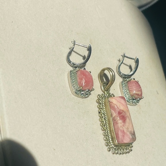 VTG lot of 2 Sterling Silver Pink Rhodochrosite Gemstone Earrings And Pendant - Picture 2 of 10